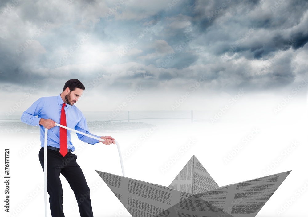 Obraz premium Businessman pulling paper boat with rope in sky