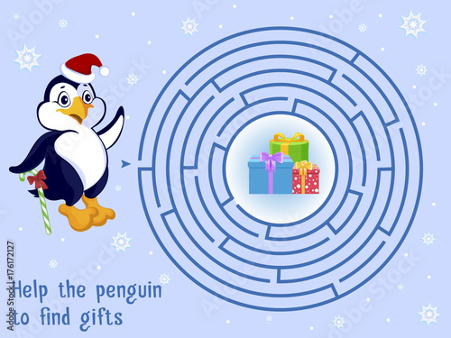 Children's puzzle and Help the penguin to find gifts. Maze. Vector