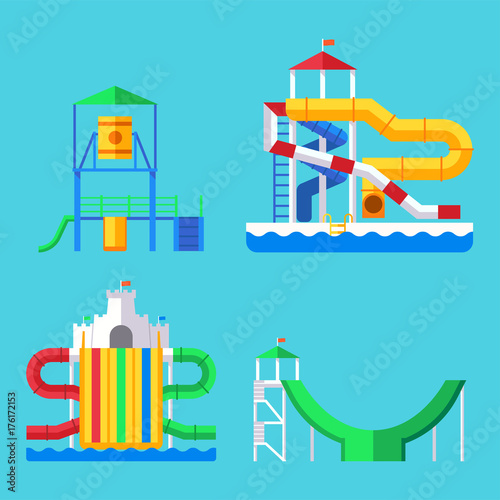 Water aquapark playground with slides and splash pads for family fun vector illustration.
