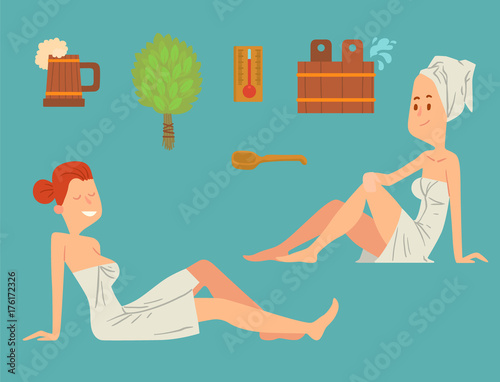 Bath people body washing face and bath taking shower steam take luxury relaxation characters vector illustration