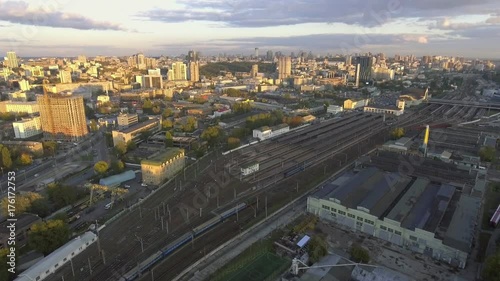 Railway yard with a lot of railway lines and trains. Kiev, Ukraine photo