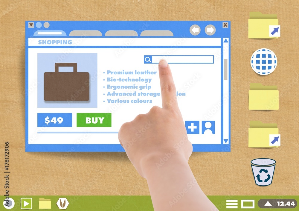 Hand touching Shopping website window and Folder and files icons Hand touching Shopping website window and Folder and files icons