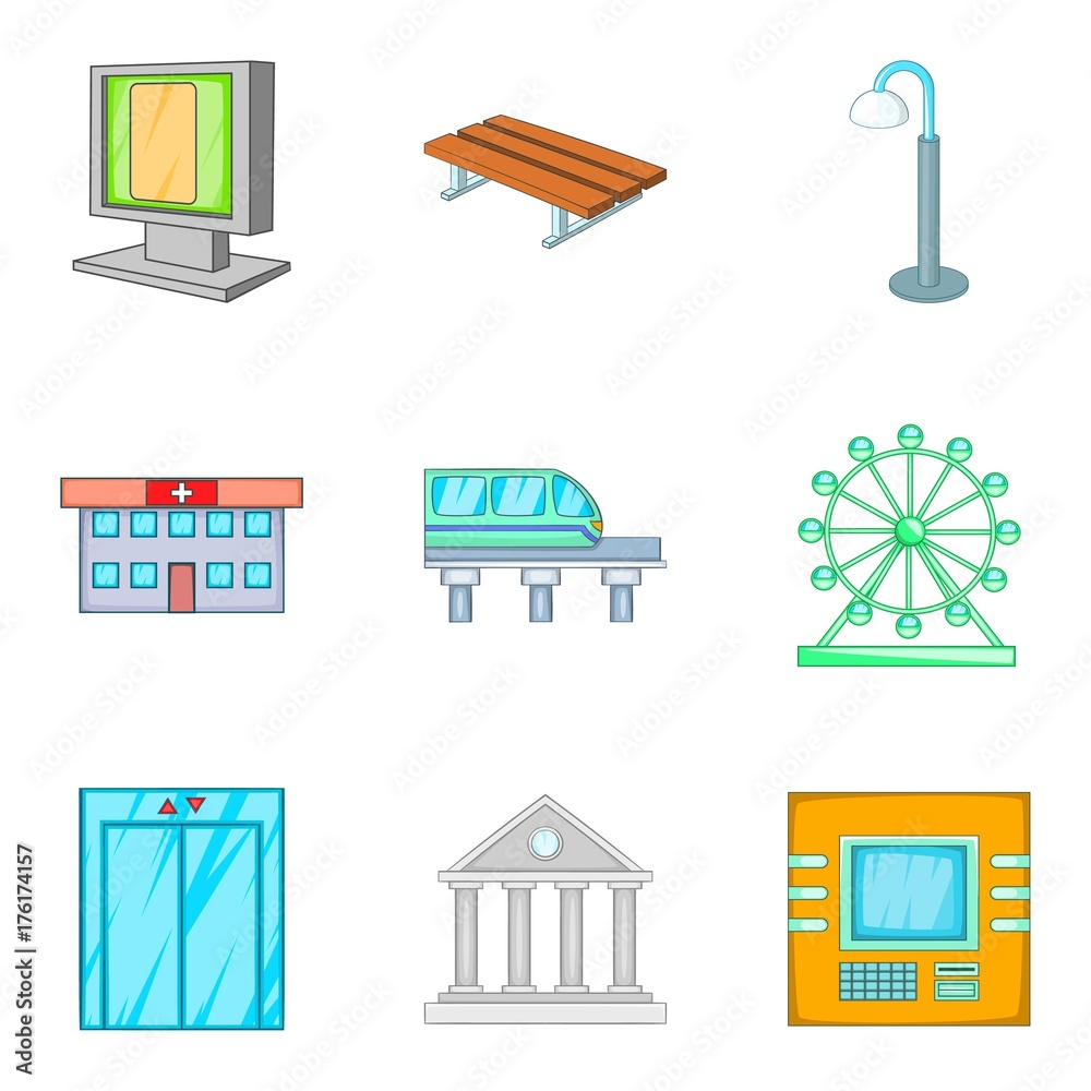 Obraz premium Developed city icons set, cartoon style