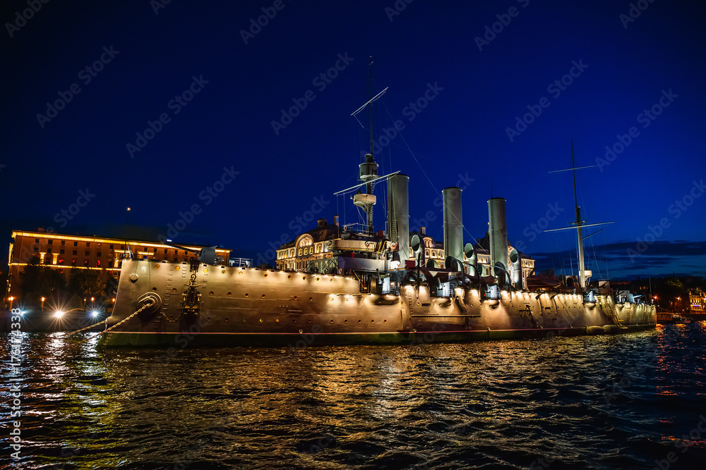 Russian cruiser Aurora or Avrora cruiser in Saint-Petersburg, Russia.  Museum ship in St. Petersburg, view from river