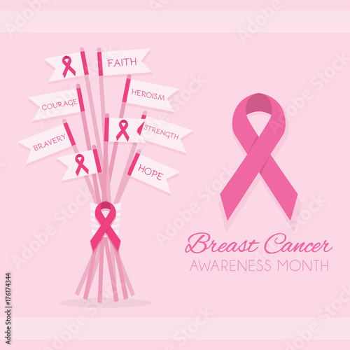 Breast Cancer Awareness Month pink ribbon poster with encouragement flag sticks