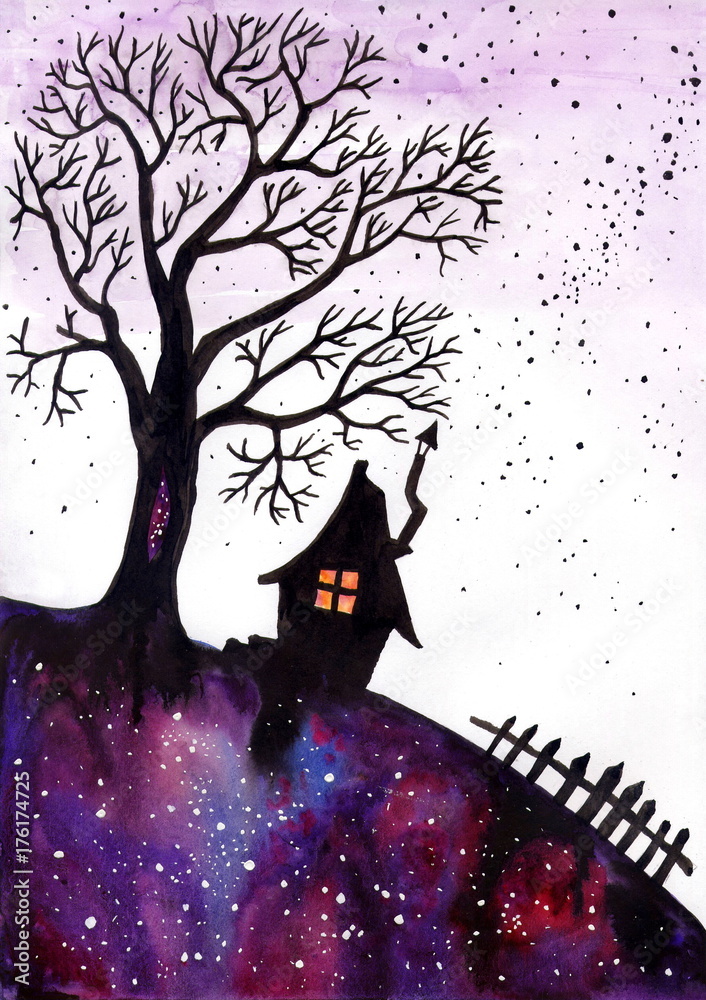 Рисунок акварелью Дом и дерево звёздной ночью Stock Illustration | Adobe  Stock