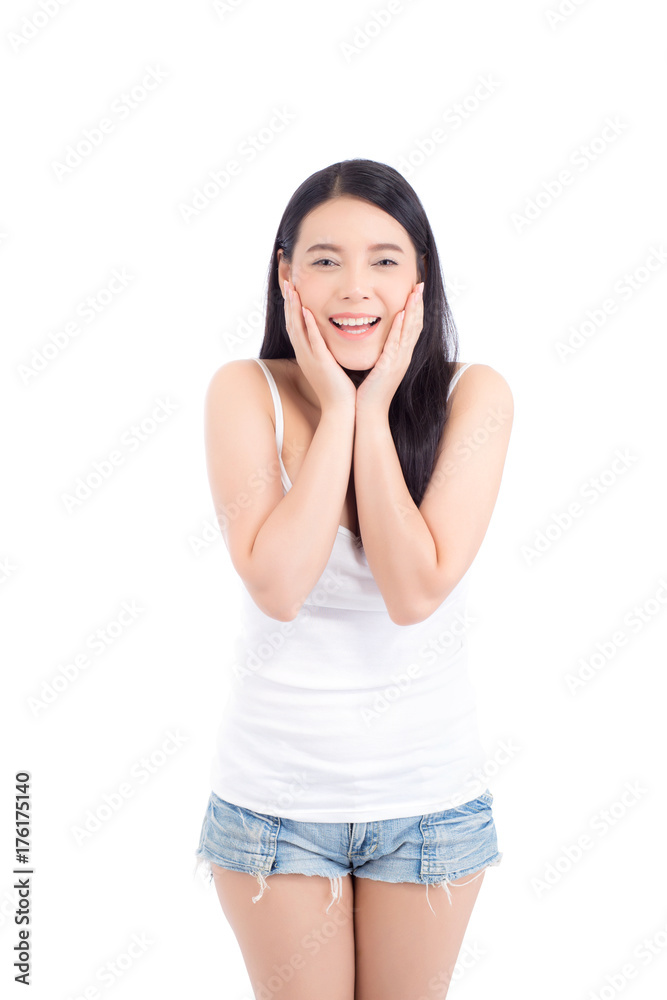 Beautiful girl with makeup, woman and skin care cosmetic concept / attractive beauty asian girl on face with hand touch cheek and smile isolated on white background. Beautiful girl with makeup, woman and skin care cosmetic concept / attractive beauty asian girl on face with hand touch cheek and smile isolated on white background.
