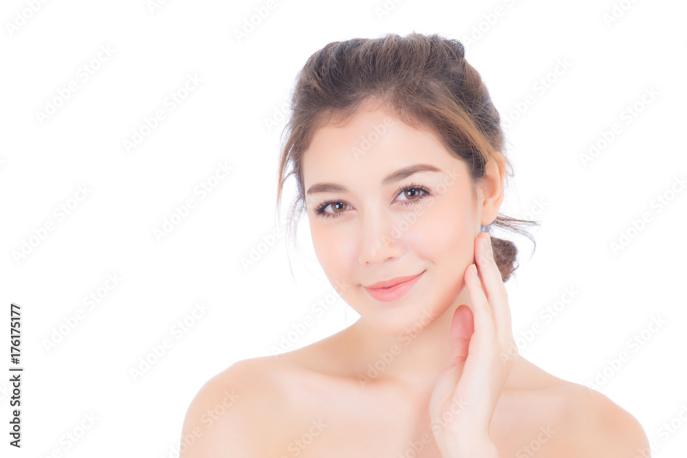 Beautiful girl with makeup, woman and skin care cosmetic concept / attractive beauty asian girl on face with hand touch cheek and smile isolated on white background.