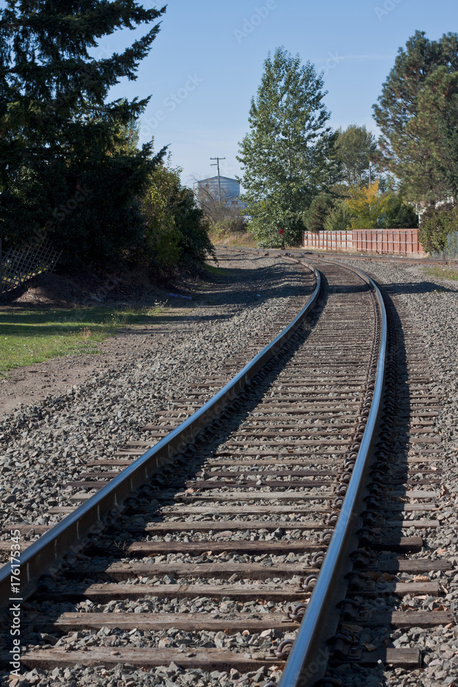Train tracks through rural neighborhood 