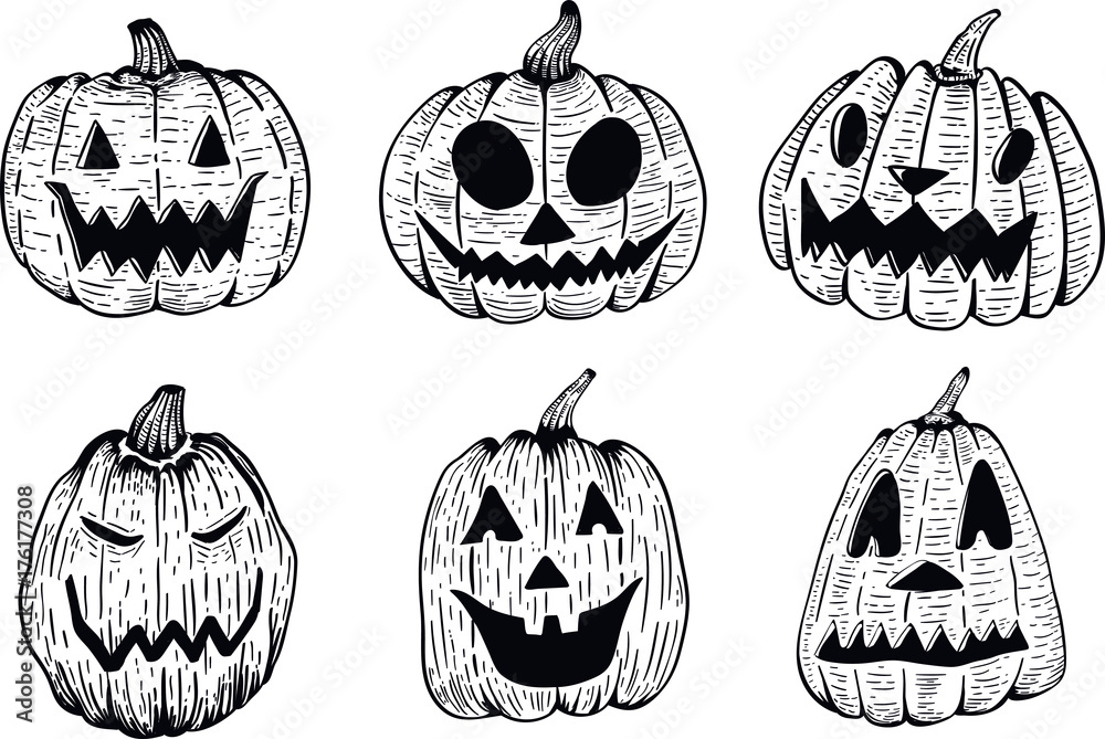 Conjunto de 6 abóboras de halloween - ilustração vetorial a 1 cor