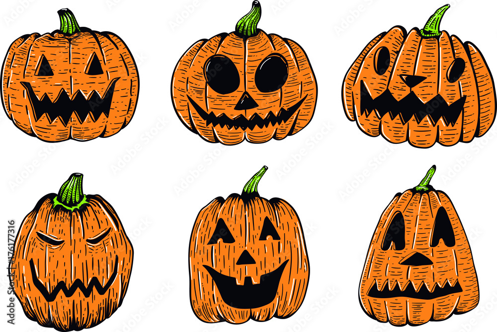 Conjunto de 6 abóboras de halloween - ilustração vetorial colorida