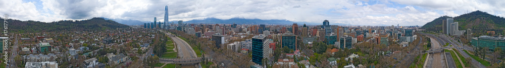 Santiago, Chile 360 Aerial Panorama View of City Skyline, River, and Mountains