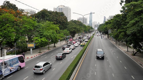 BANGKOK - JUNE 9:Thailand Bangkok Street Scene with Heavy Traffic Congestion on Sukhumvit road the longest road in Thailand , June 9, 2017, in Bangkok. Building tower in Bangkok Thailand
