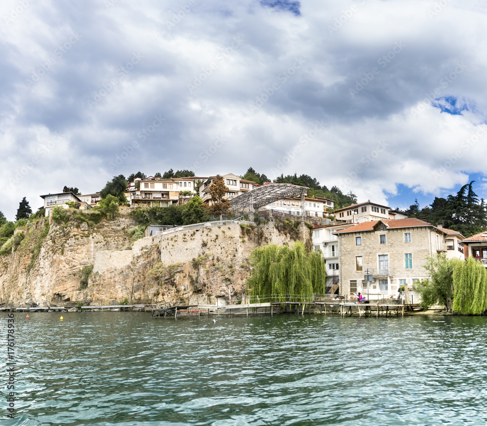 Ohrid, Macedonia, view from boat to old town and rocks at Kaneo