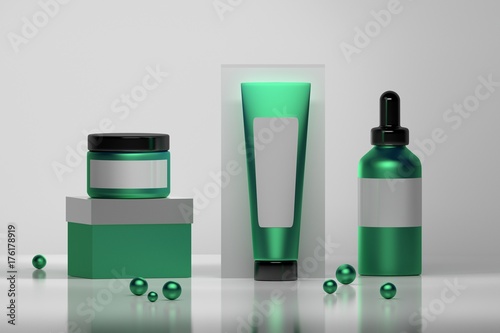 Set of cosmetic bottles in pure green and white colors with shiny decorative beads. Mock-up with blank labels for cosmetic packaging.