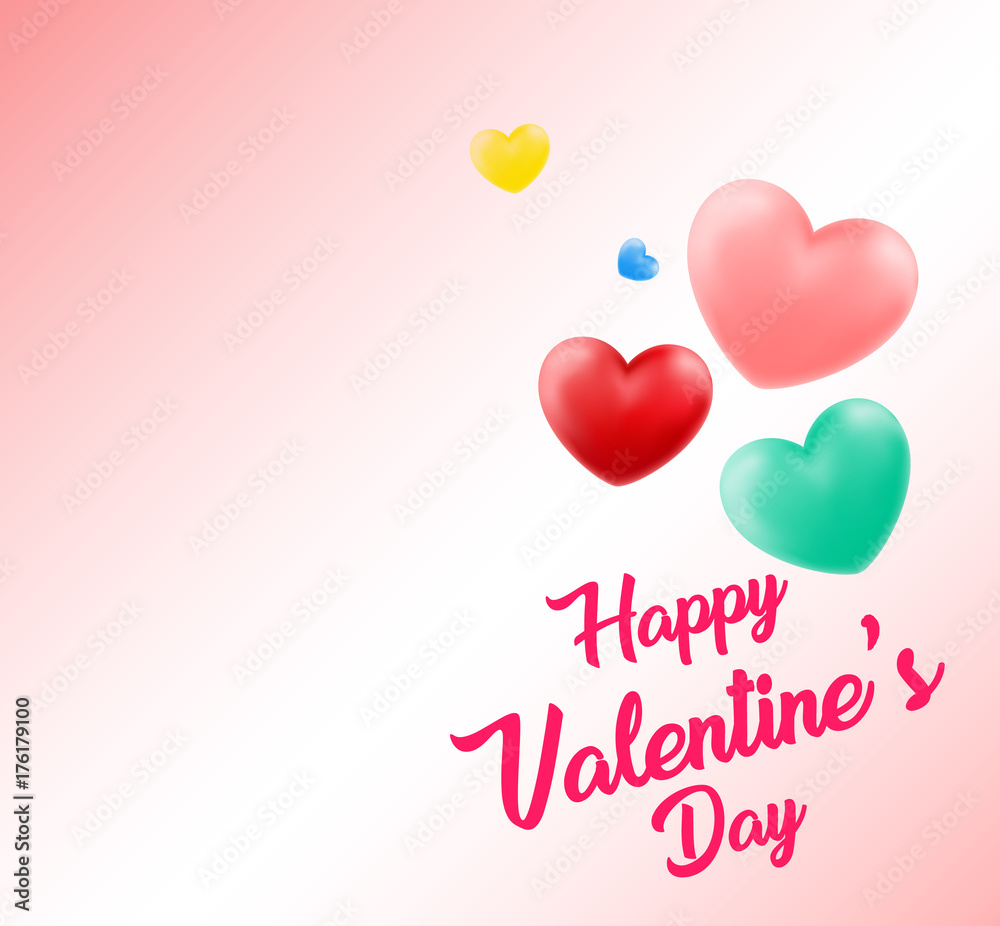 Happy Valentines Day Background with 3D Realistic Red Hearts and Typography Text in White Background. Vector Illustration. Valentine's day abstract background
