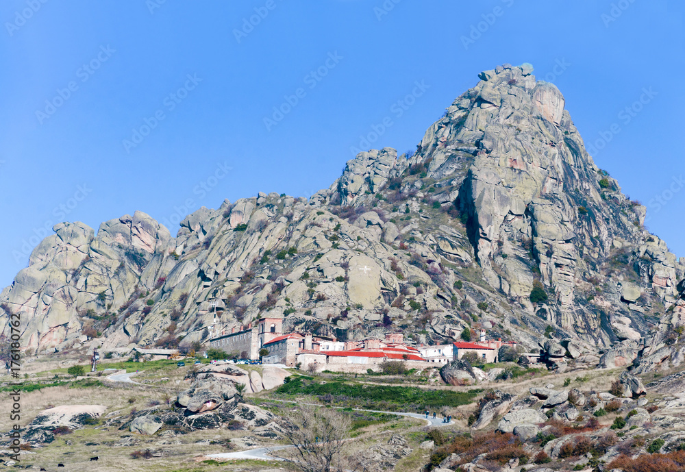 Famous orthodox Macedonian monastery complex Treskaves among mountain rocky peaks