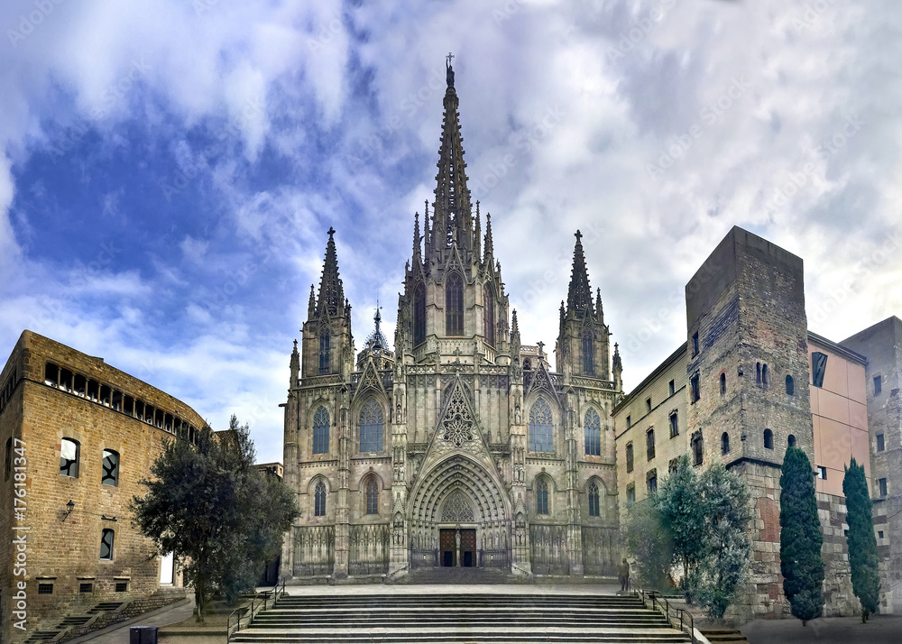 Panorama of Gothic Barcelona Cathedral with dramatic colors