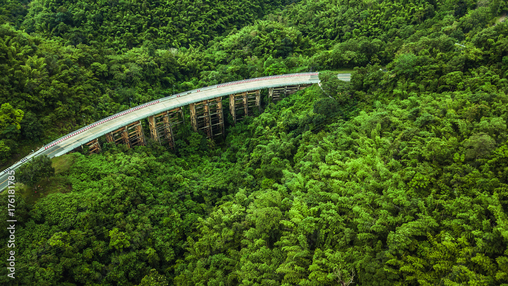 An aerial view of  Road or bridge is in the middle of a forest