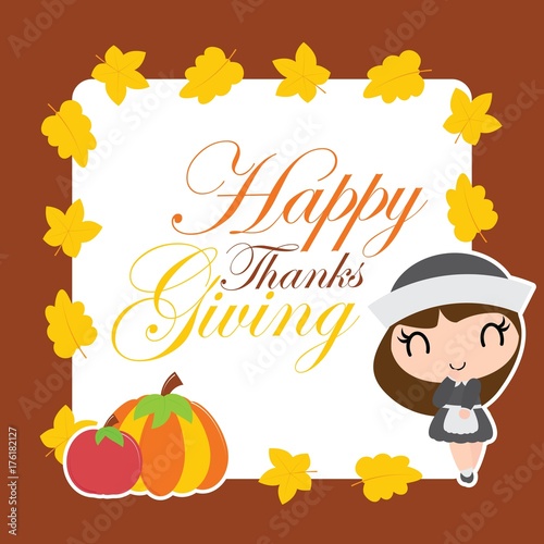 Cute pilgrim girl and pumpkin on maple leaves frame vector cartoon illustration for thanksgiving's day card design, wallpaper and greeting card 