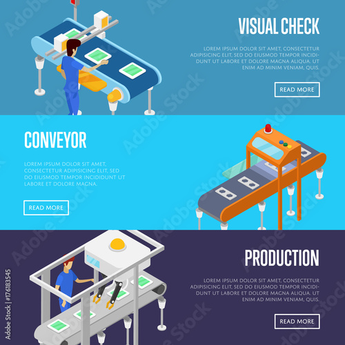 Production line isometric 3D posters set. Industrial goods production, mechanical conveyor with workers, manufacturing process. Factory equipment, smart robotic assembly line vector illustration.