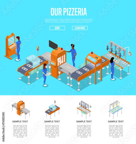 Mechanical conveyor isometric 3D poster. Industrial goods or food production, assembly line with workers, manufacturing process. Factory automation, belt production line vector illustration.