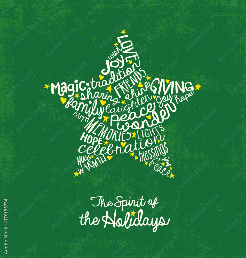 Inspiring words handwritten in a star shape. Word cloud holiday card ...