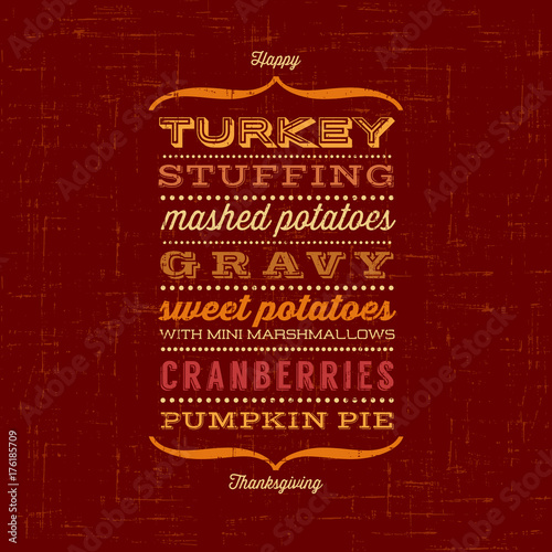 Happy Thanksgiving card with menu list of typical foods served at Thanksgiving dinner.