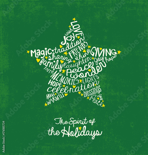 Inspiring words handwritten in a star shape. Word cloud holiday card design
