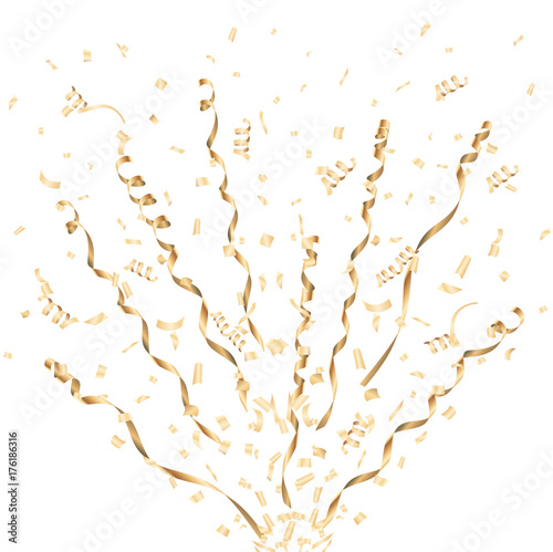 Exploding golden confetti and streamer on white background