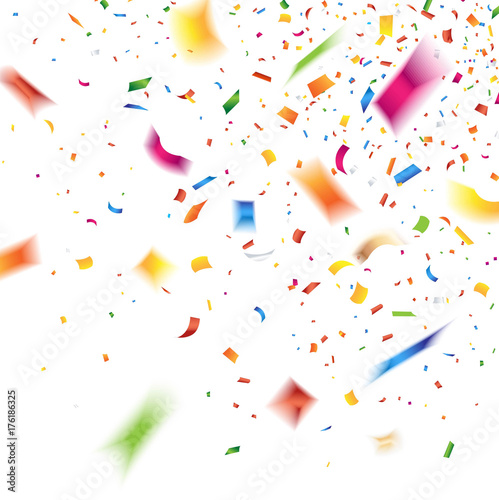 Falling colorful confetti on white background