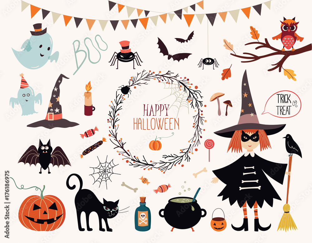 Halloween collection with hand drawn elements, witch, ghosts and wreath