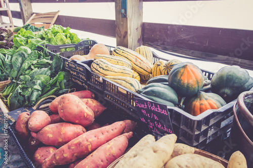 Farm fresh vegetables on display at farmers market harvest festival
