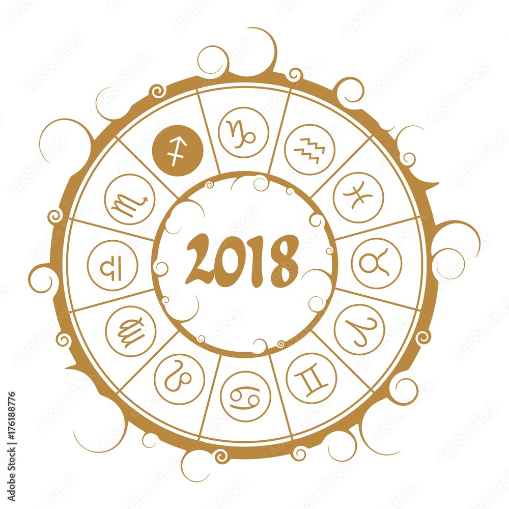 Astrological symbols in the circle. Archer sign. New Year and Christmas celebration card template. Zodiac circle with 2018 new year number.