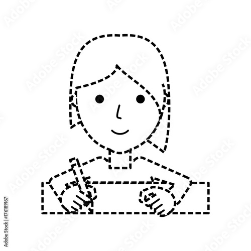 flat line woman writing sticker over white background vector illustration