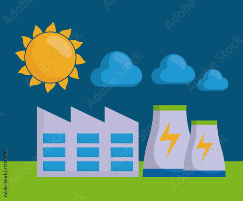 sun and factory building over bluee background colorful design vector illustration