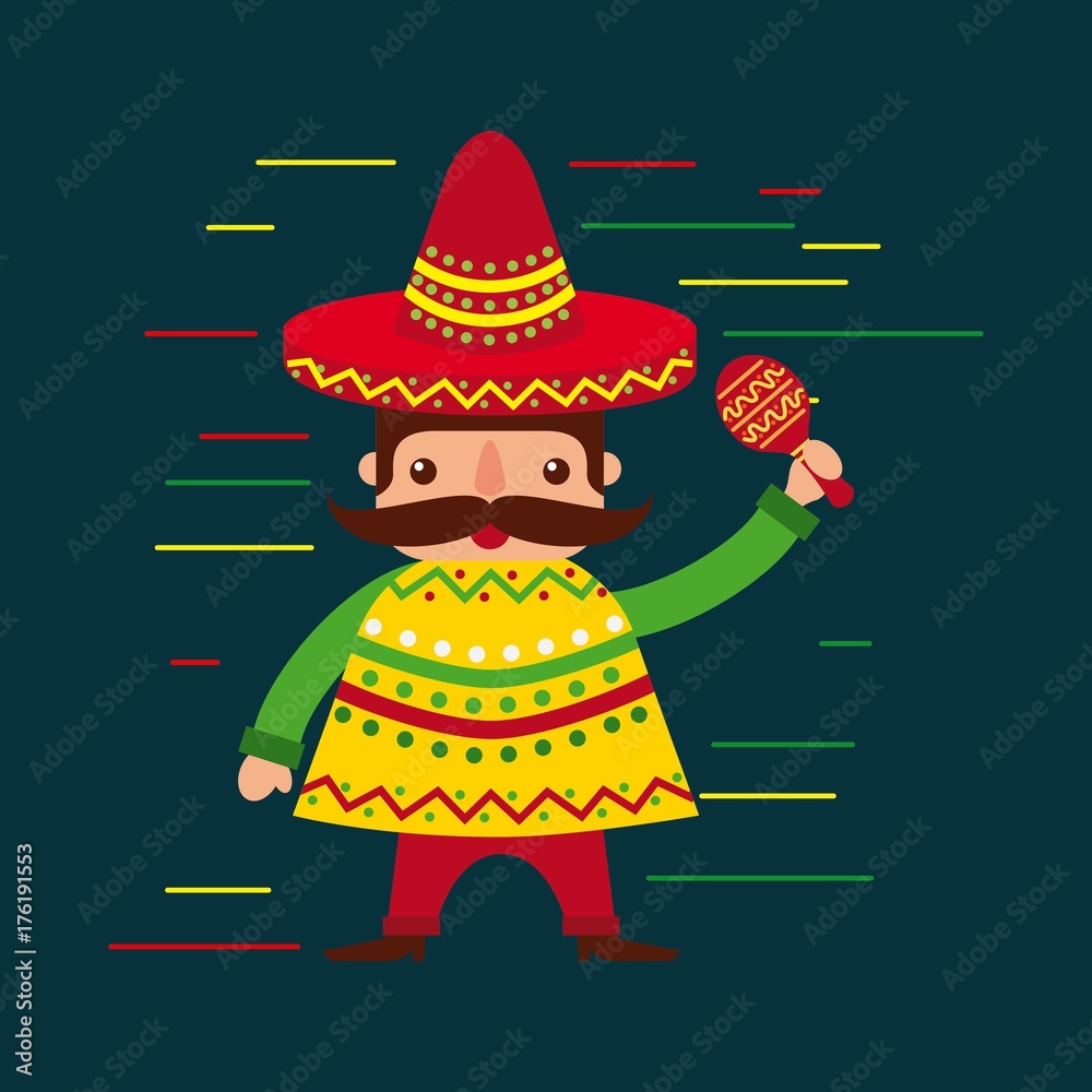 cartoon mexican man in a hat with maraca and poncho vector illustration ...