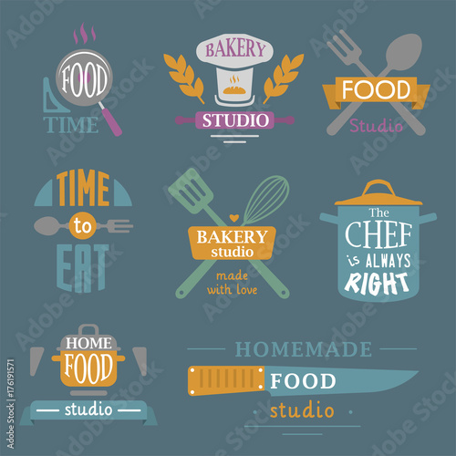 Cooking badge motivation text vector illustration bakery shop food typography labels design elements