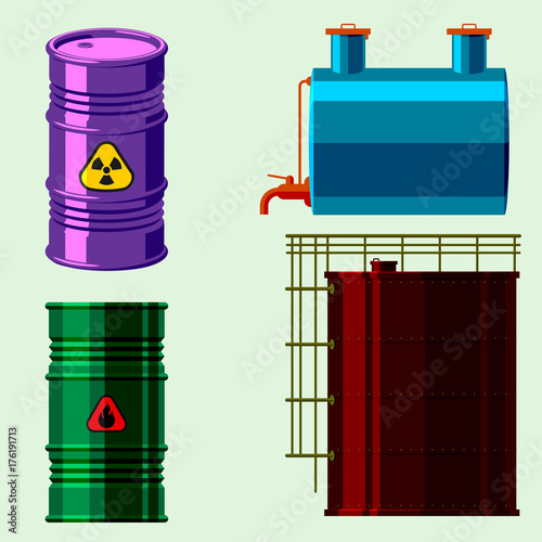 Oil drums container fuel cask storage rows steel barrels capacity tanks natural metal old bowels chemical vessel vector illustration