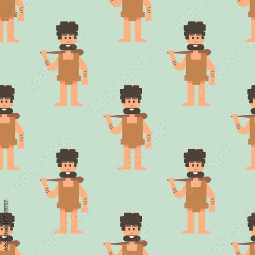 Caveman primitive stone age cartoon neanderthal seamless pattern background people character evolution vector illustration.