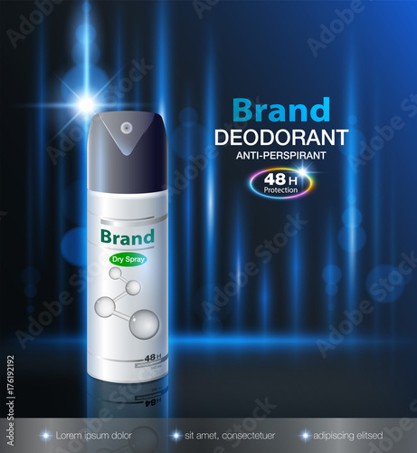 Ads deodorant dry spray packaging Can protect up to 48 hours. Mockup template, realistic packaging on a modern background Vector realistic file eps10.