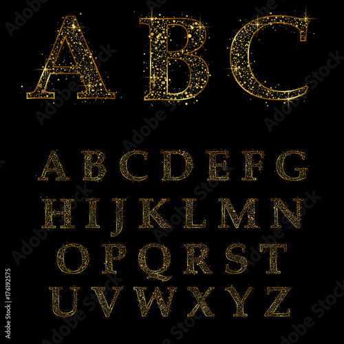 Gold glittering alphabet of stars dust trail