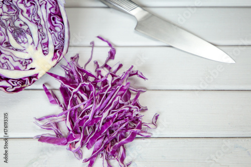 choped Red Cabbage on Wooden Cutting Board