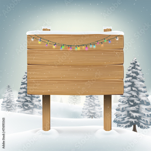 christmas wood board sign with snow winter 