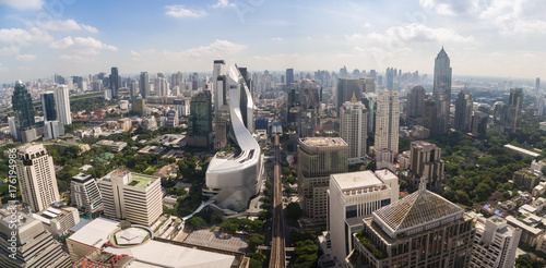 View Over Sukhumvit District In Central Bangkok, Thailand, Panoramic Aerial Cityscape