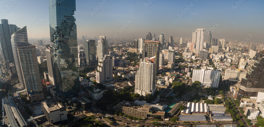 Blue Sky Over Central Bangkok And Modern Skyscrapers, Aerial Drone Panorama