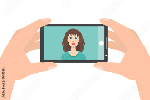 Hand holding smartphone and taking photo, selfie. Vector illustration.