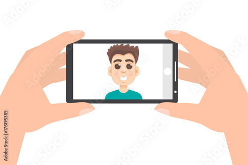 Hand holding smartphone and taking photo, selfie. Vector illustration.