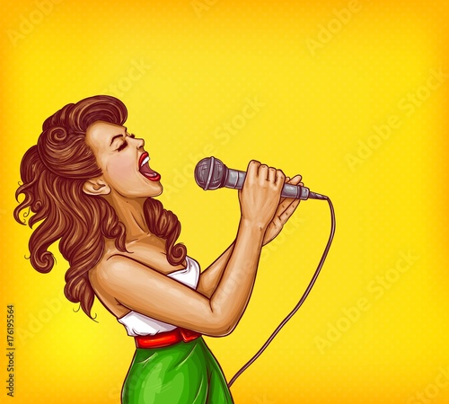 Expressive singing woman with microphone in hands pop art vector illustration with copyspace. Karaoke signer, musical band vocalist, pop star pin up portrait for party, concert or musical event ad