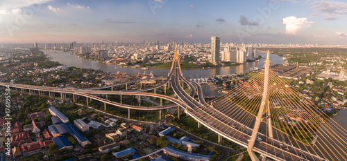 Bhumibol Bridge And Bangkok Cityscape, Thailand, High Aerial Panorama Shot © Otvalo